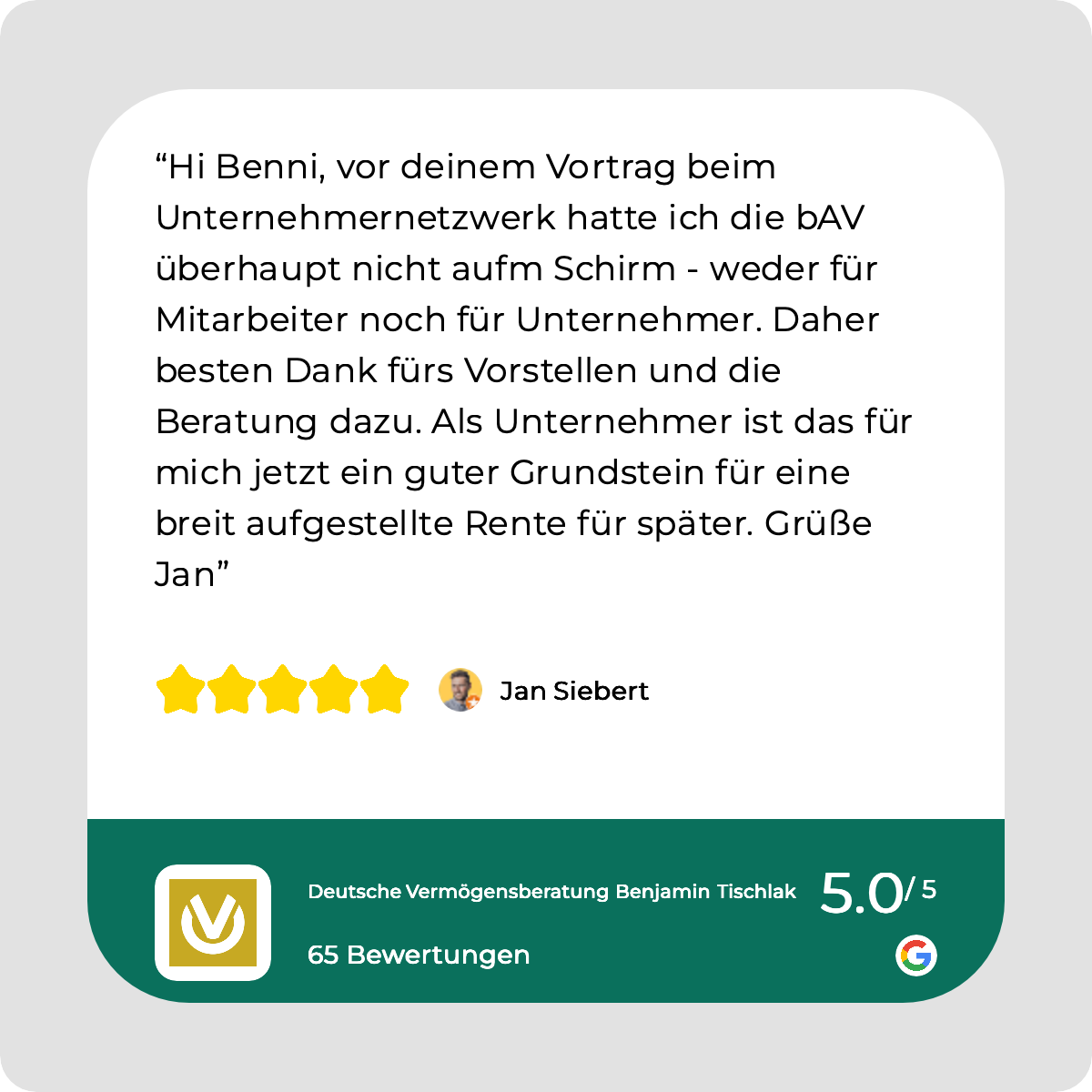 5-Sterne Google-Bewertung von Jan Siebert für Finanzberater Benjamin Tischlak in Amberg