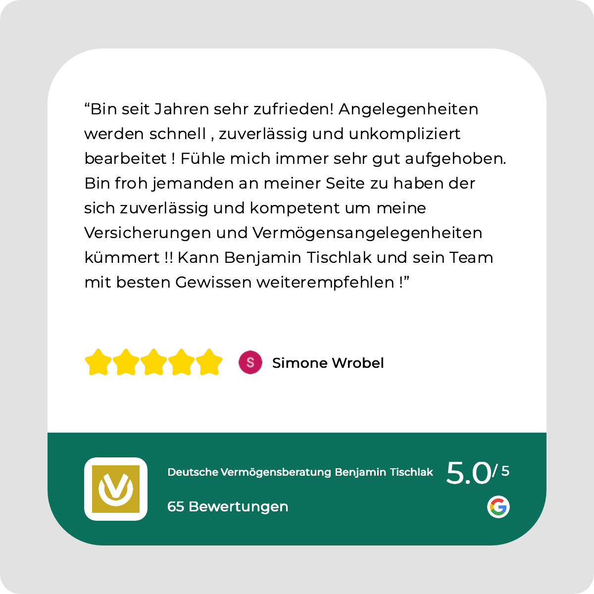 5-Sterne Google-Bewertung von Simone Wrobel für BAV-Experte Benjamin Tischlak Amberg